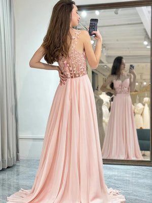 A Line V Neck Pink Lace Prom Dresses, Pink Lace Long Chiffon Formal Evening Dresses