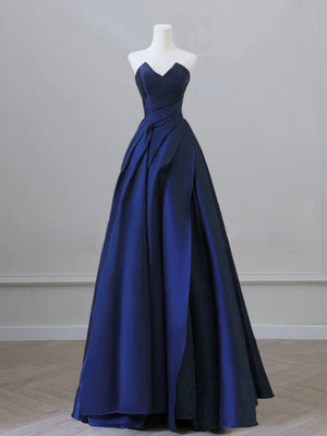 A Line V Neck Strapless Blue Satin Long Prom Dresses, Blue Satin Long Formal Dresses