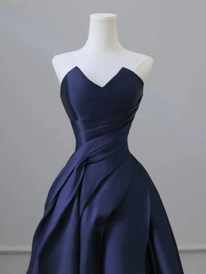 A Line V Neck Strapless Blue Satin Long Prom Dresses, Blue Satin Long Formal Dresses