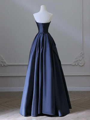 A Line V Neck Strapless Blue Satin Long Prom Dresses, Blue Satin Long Formal Dresses