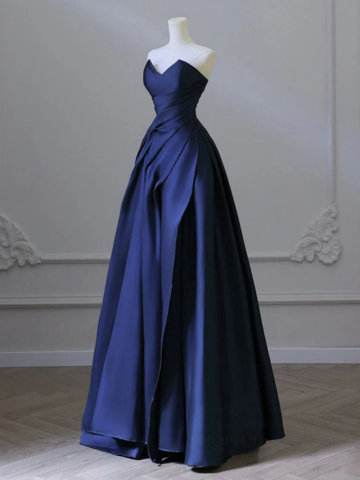 A Line V Neck Strapless Blue Satin Long Prom Dresses, Blue Satin Long - shegown A Line V Neck Strapless Blue Satin Long Prom Dresses, Blue Satin Long - shegown