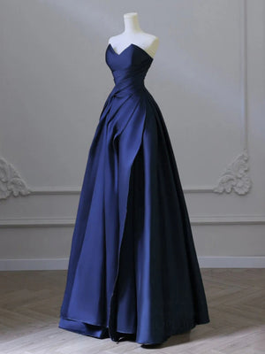 A Line V Neck Strapless Blue Satin Long Prom Dresses, Blue Satin Long Formal Dresses