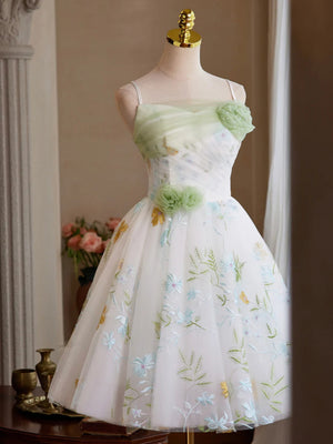 A Line White Tulle Floral Short Prom Dresses, Short Floral Tulle Formal Homecoming Dresses
