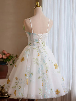 A Line White Tulle Floral Short Prom Dresses, Short Floral Tulle Formal Homecoming Dresses