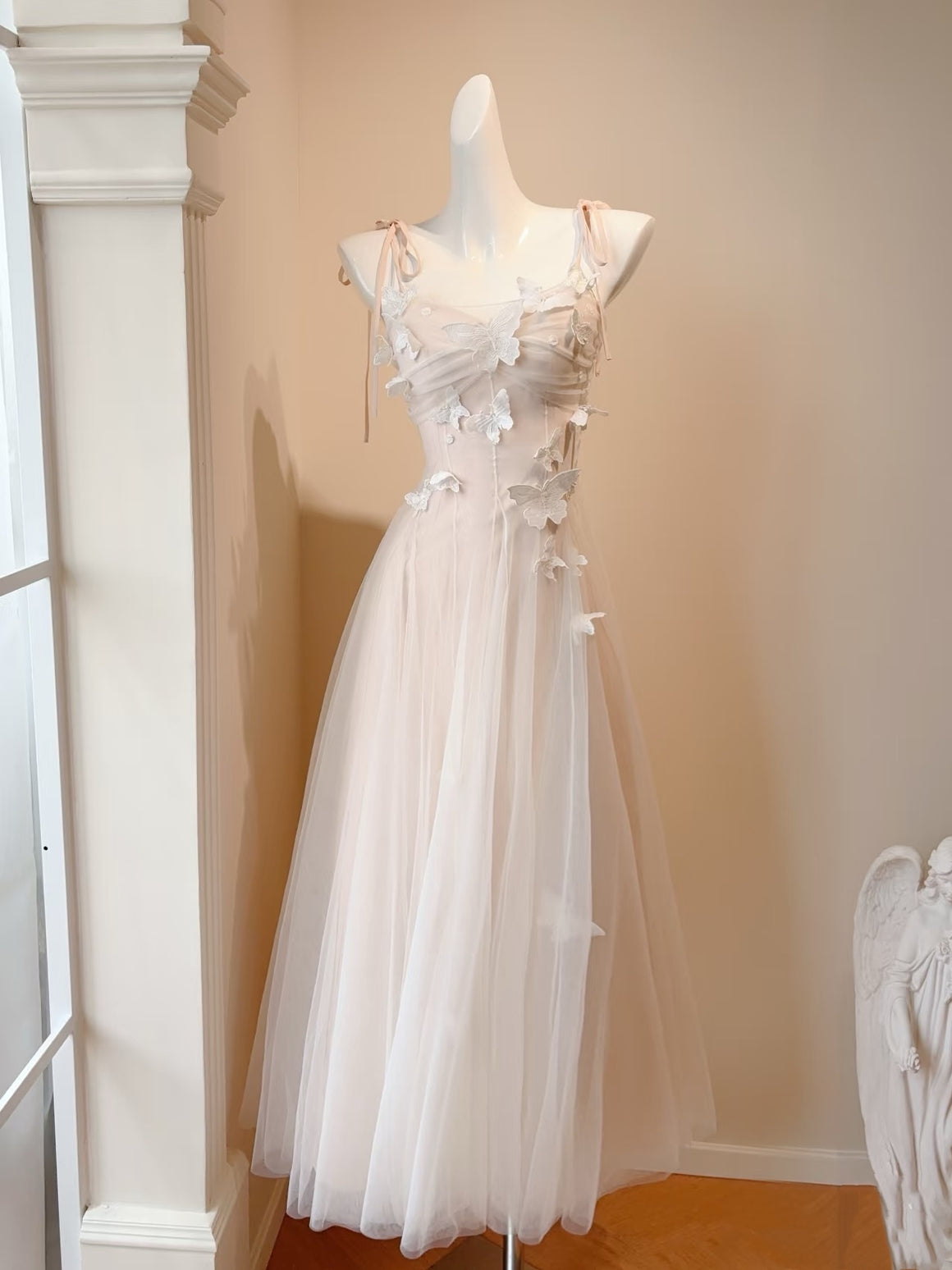 Ankle Length Pink Tulle Long Prom Dresses, Pink Tulle Long Formal Evening Dresses