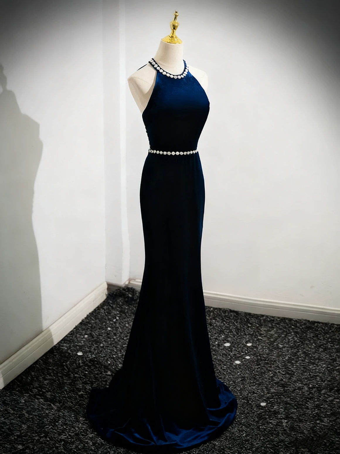 Backless Halter Neck Dark Blue Velvet Prom Dresses, Open Back Blue Velvet Long Formal Evening Dresses