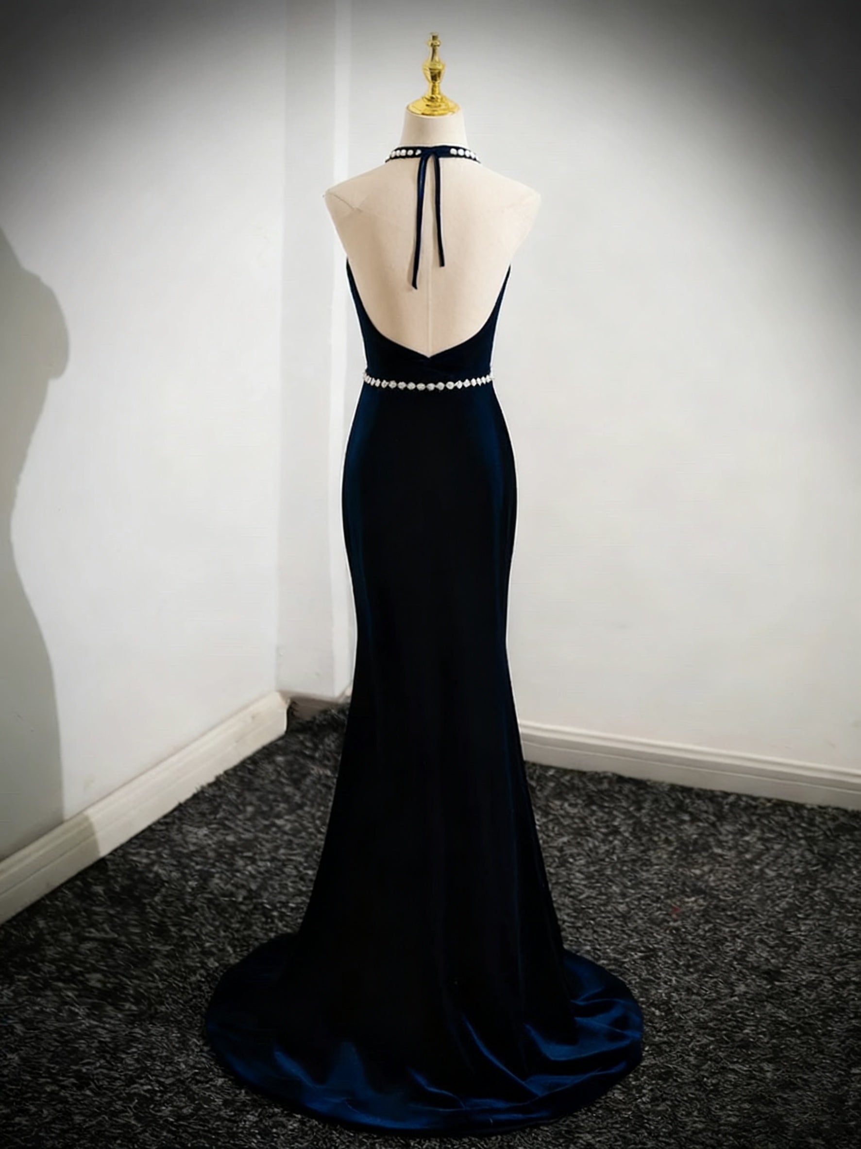 Backless Halter Neck Dark Blue Velvet Prom Dresses, Open Back Blue Velvet Long Formal Evening Dresses, US 12 / Blue as Pics / With Rush+$19.99 Backless Halter Neck Dark Blue Velvet Prom Dresses, Open Back Blue Velvet Long Formal Evening Dresses, US 12 / Blue as Pics / With Rush+$19.99