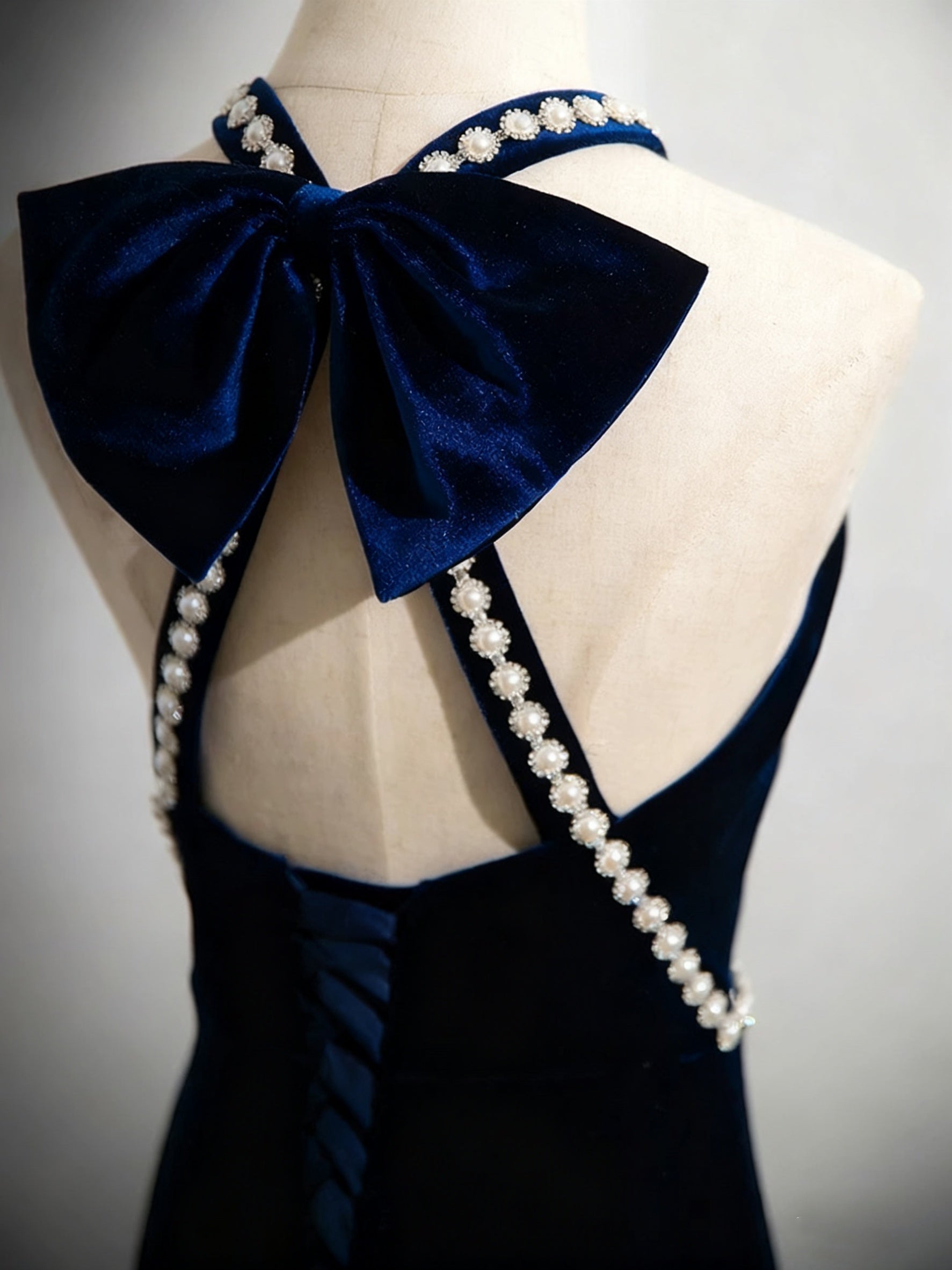 Backless Halter Neck Dark Blue Velvet Prom Dresses, Open Back Blue Vel