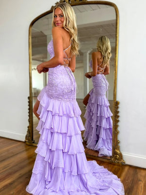 Backless Mermaid Purple Lace Prom Dresses, Purple Mermaid Lace Formal Dresses