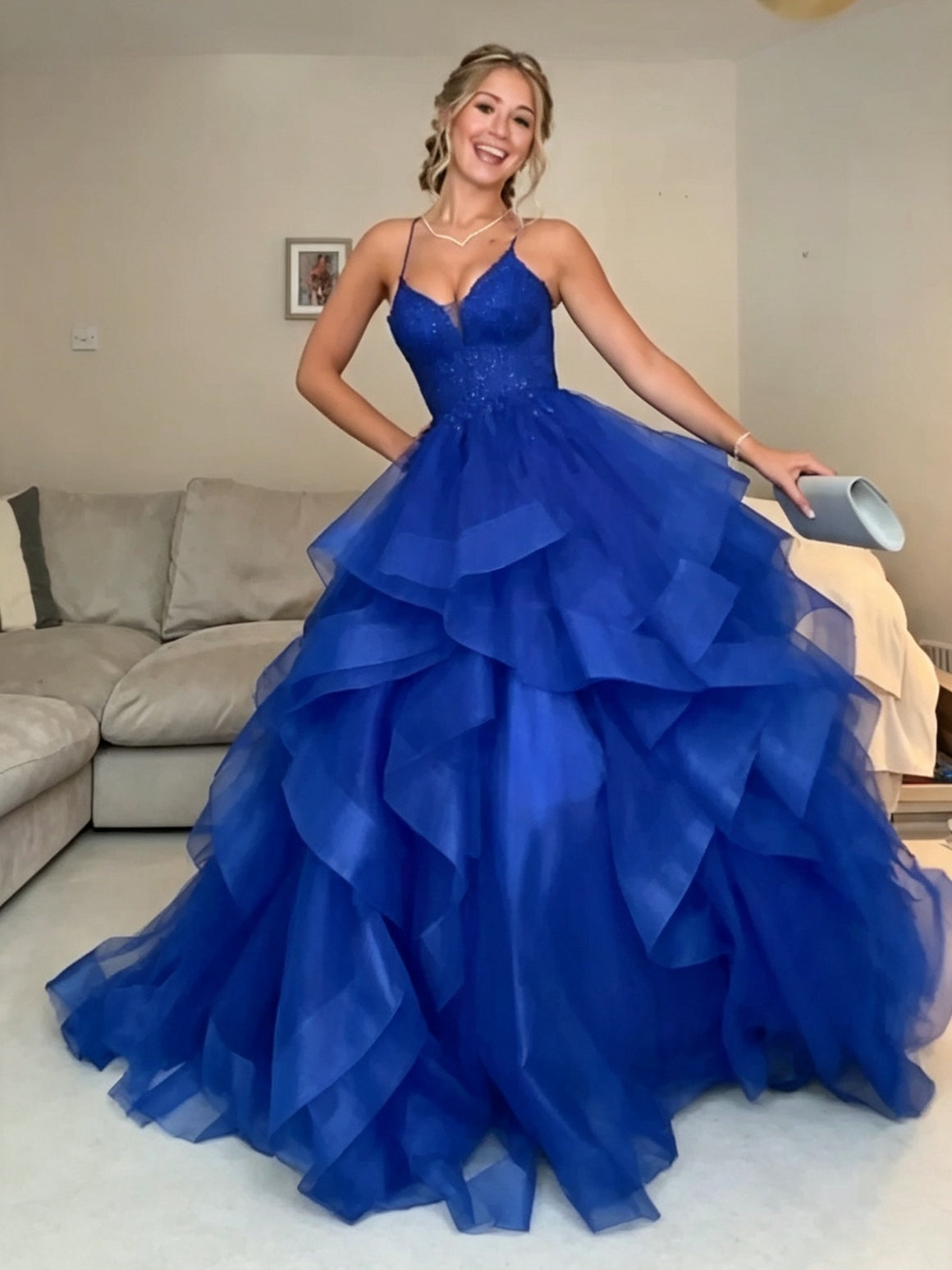 Backless Royal Blue Puffy Ball Gown, Royal Blue Puffy Formal Birthday Party Dresses