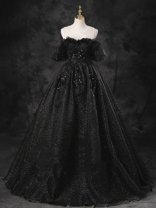 Black Lace Tulle Long Prom Dresses, Black Lace Long Formal Evening Dre