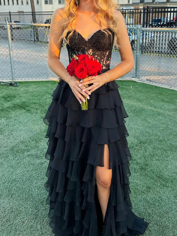 Black Layered Lace Long Prom Dresses, Black Lace Layered Long Formal E