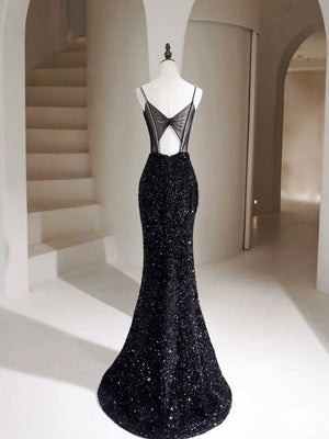 Black Mermaid Sequins Long Prom Dresses, Black Long Mermaid Formal Evening Dresses