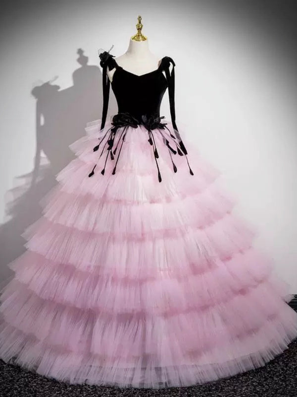 Black Pink Layered Tulle Long Prom Dresses, Black Pink Tulle Formal Ev