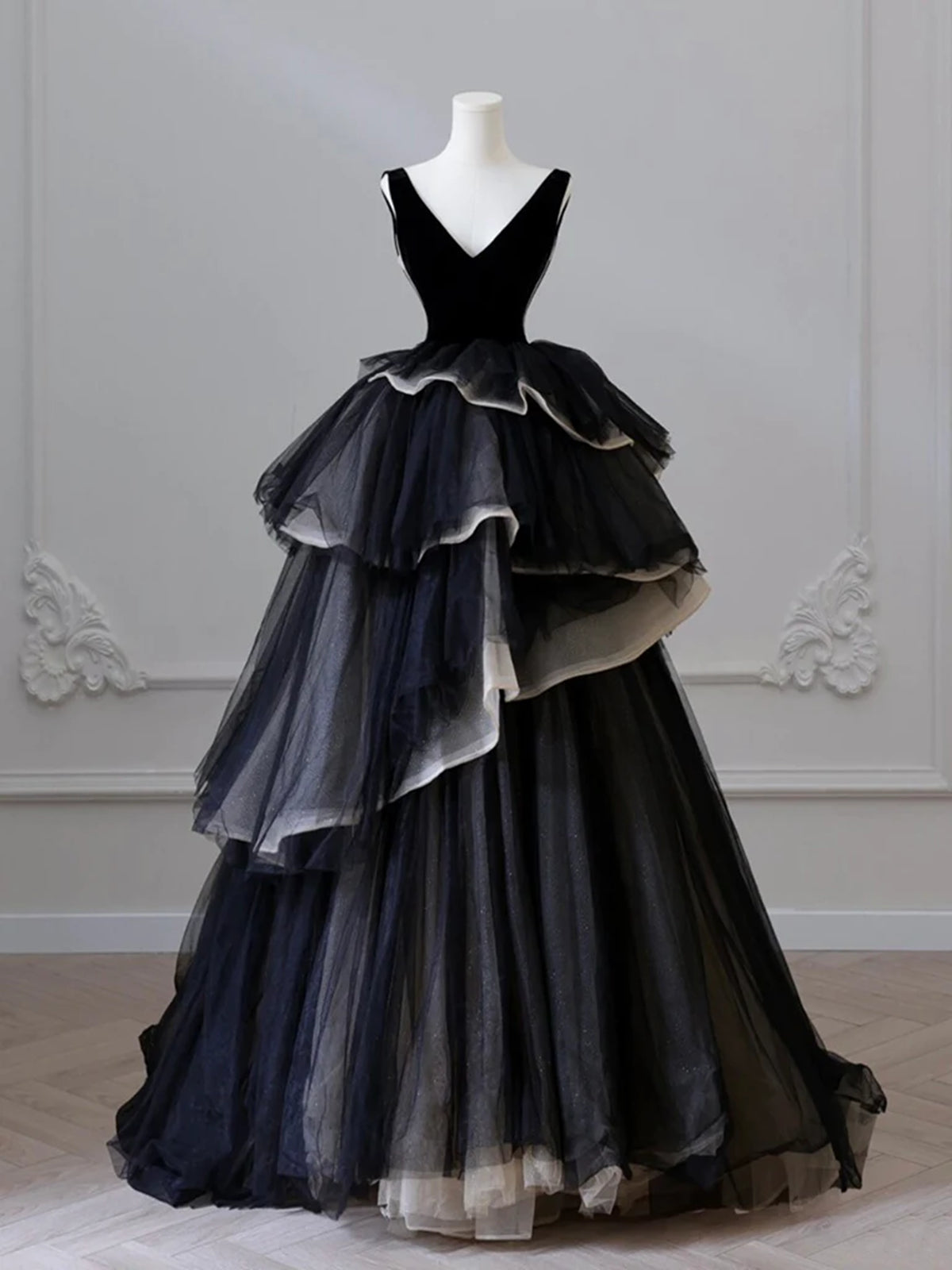Black V Neck Puffy High Low Long Prom Dresses, Black V Neck High Low F - shegown Black V Neck Puffy High Low Long Prom Dresses, Black V Neck High Low F - shegown