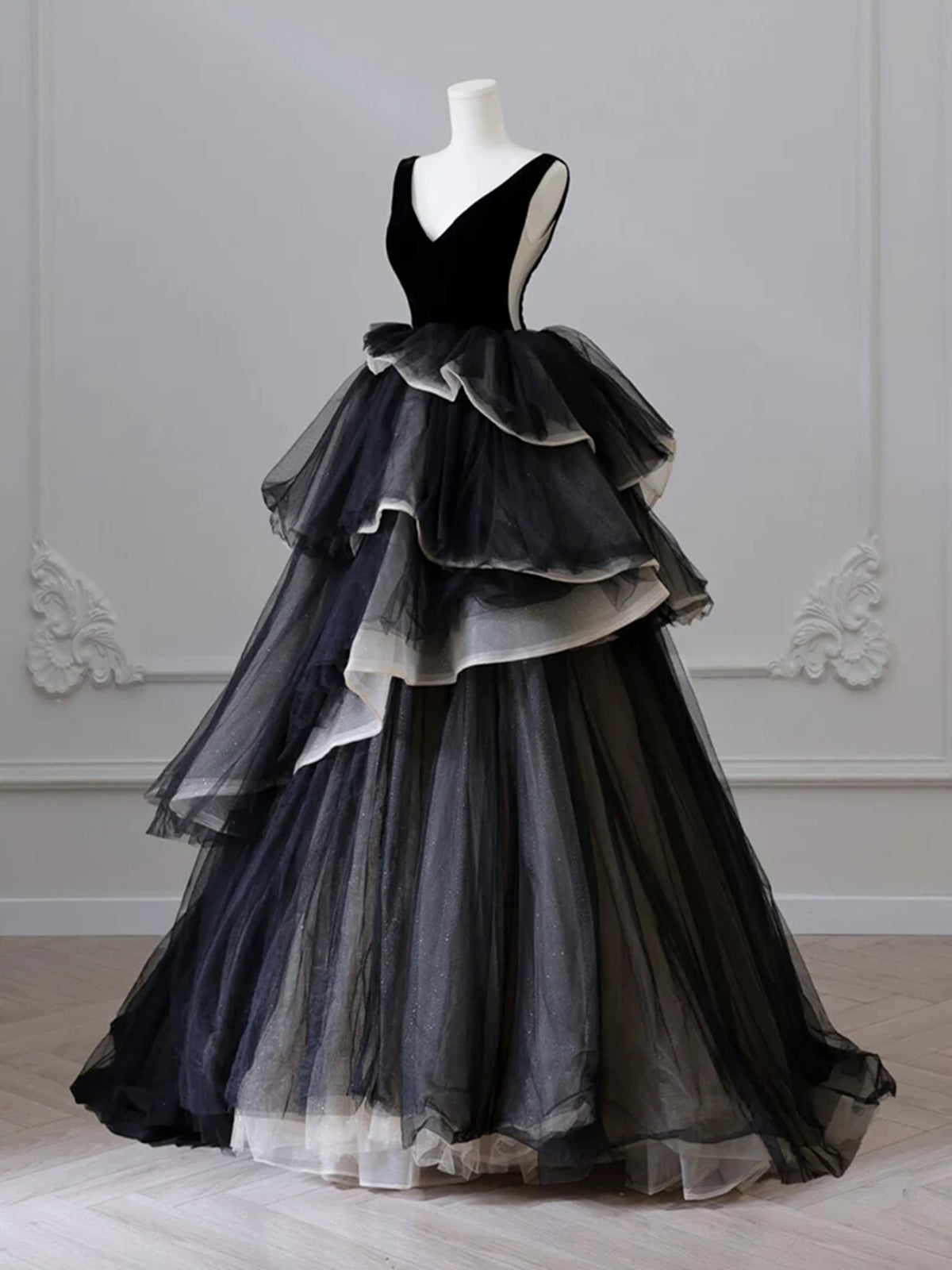 Black V Neck Puffy High Low Long Prom Dresses, Black V Neck High Low F - shegown Black V Neck Puffy High Low Long Prom Dresses, Black V Neck High Low F - shegown