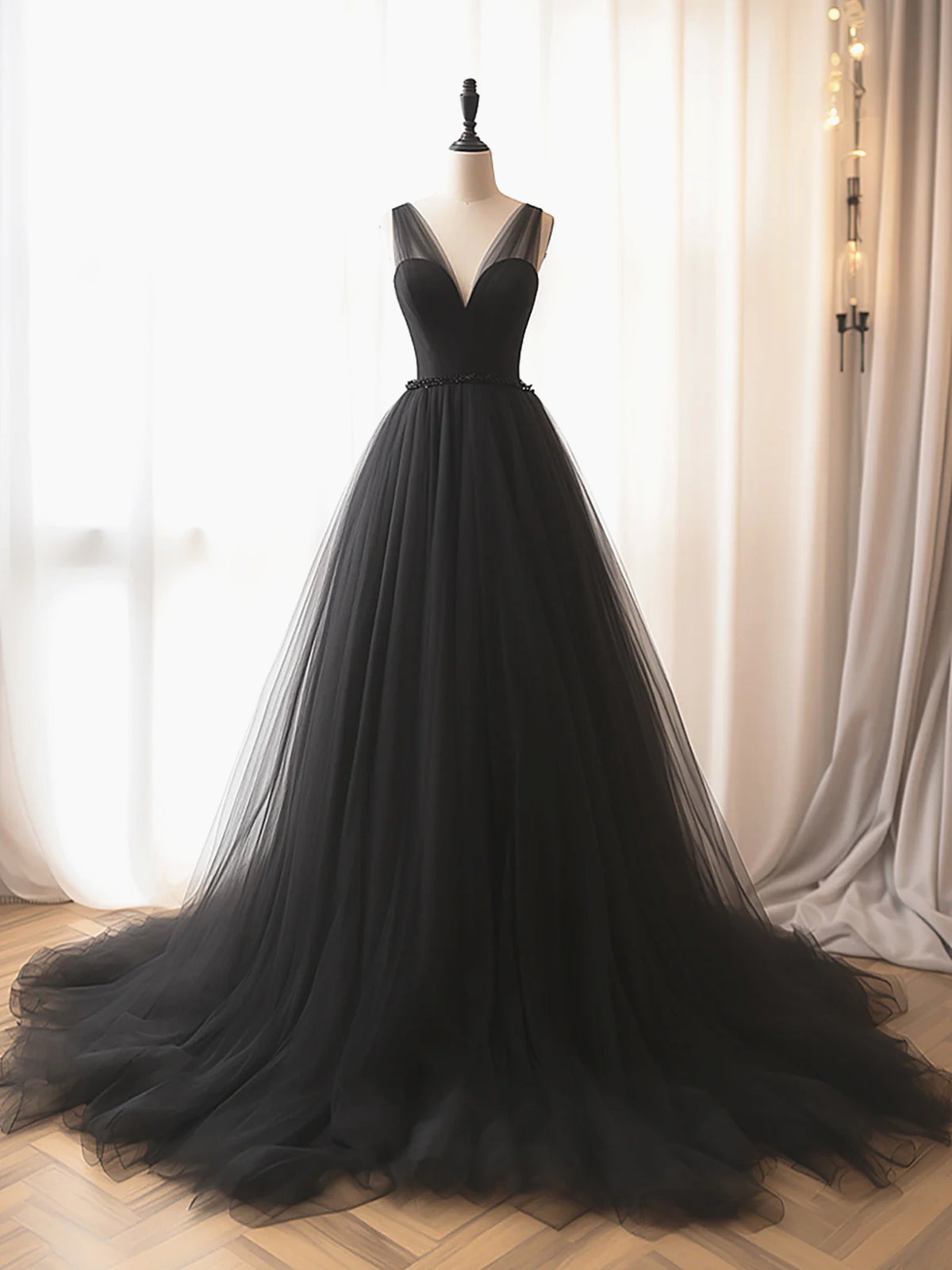 Black V Neck Tulle Long Prom Dresses, Black V Neck Long Formal Evening Dresses, US 16 / Black as Pics / No Rush Black V Neck Tulle Long Prom Dresses, Black V Neck Long Formal Evening Dresses, US 16 / Black as Pics / No Rush