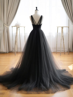 Black V Neck Tulle Long Prom Dresses, Black V Neck Long Formal Evening Dresses
