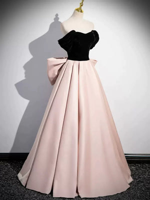 Black Velvet and Pink Satin Long Prom Dress, Black Velvet Pink Long Formal Evening Dresses