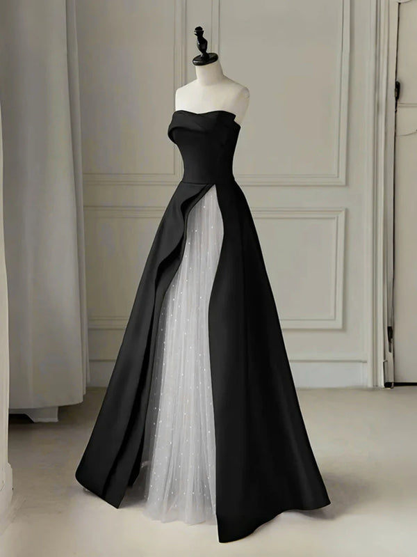 Black White A Line Long Prom Dresses, Long Black White Formal Evening