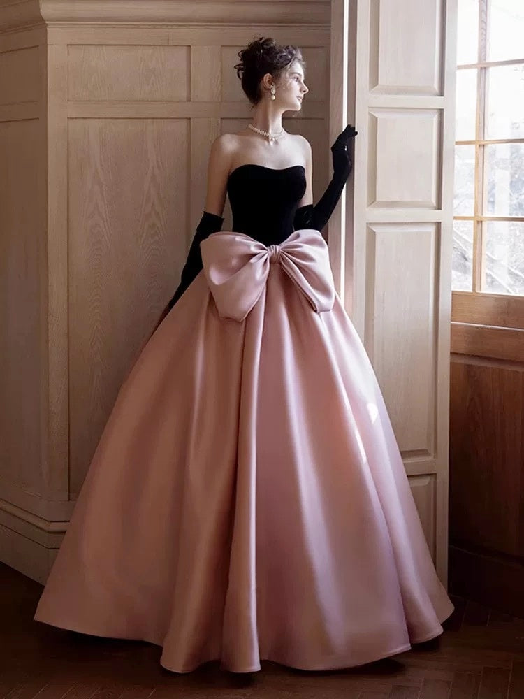 pink dress with black bow Black and Pink Satin Long Prom Dress With Bow, Black and Pink Long Formal Evening Dresses, US 12 / Pink as Pics / With Rush+$19.99