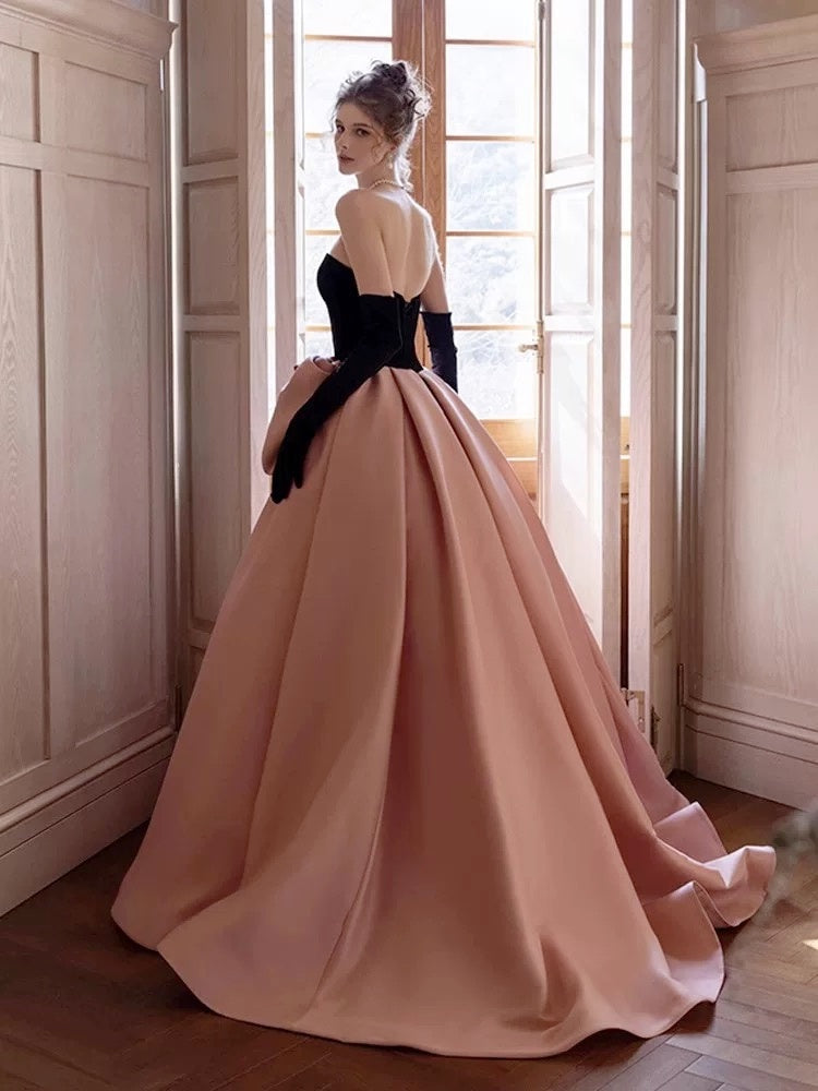 Black and Pink Satin Long Prom Dress with Bow, Black and Pink Long For - shegown Black and Pink Satin Long Prom Dress with Bow, Black and Pink Long For - shegown