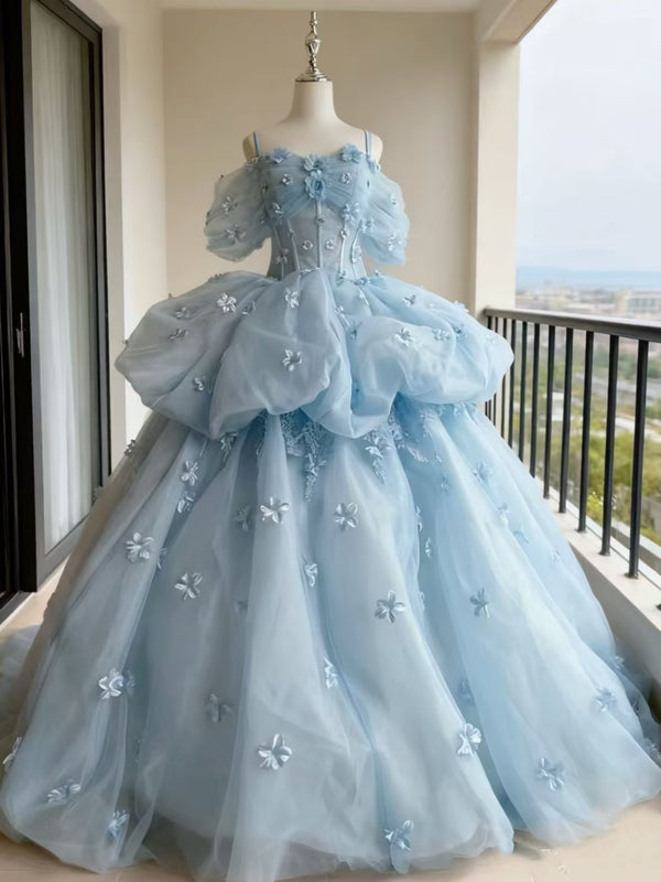 Blue Floral Long Layered Prom Dresses, Blue Floral Long Formal Evening