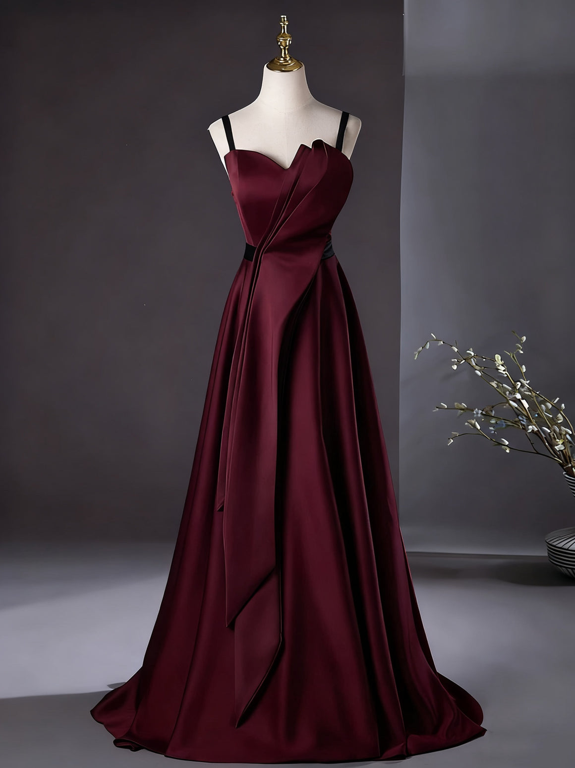 Burgundy Satin Long Prom Dresses, Wine Red Satin Black Long Formal Evening Dresses