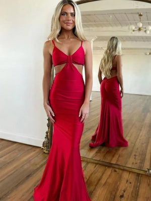 Burgundy Spaghetti Straps Mermaid Prom Dress with Waist Cutout, Wine Red Mermaid Long Formal Evening Dresses