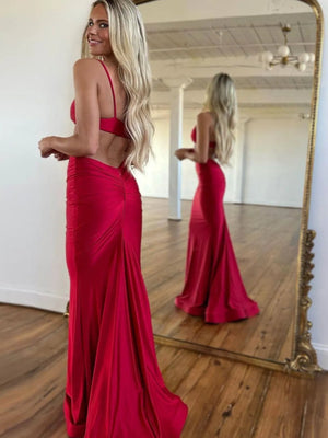 Burgundy Spaghetti Straps Mermaid Prom Dress with Waist Cutout, Wine Red Mermaid Long Formal Evening Dresses