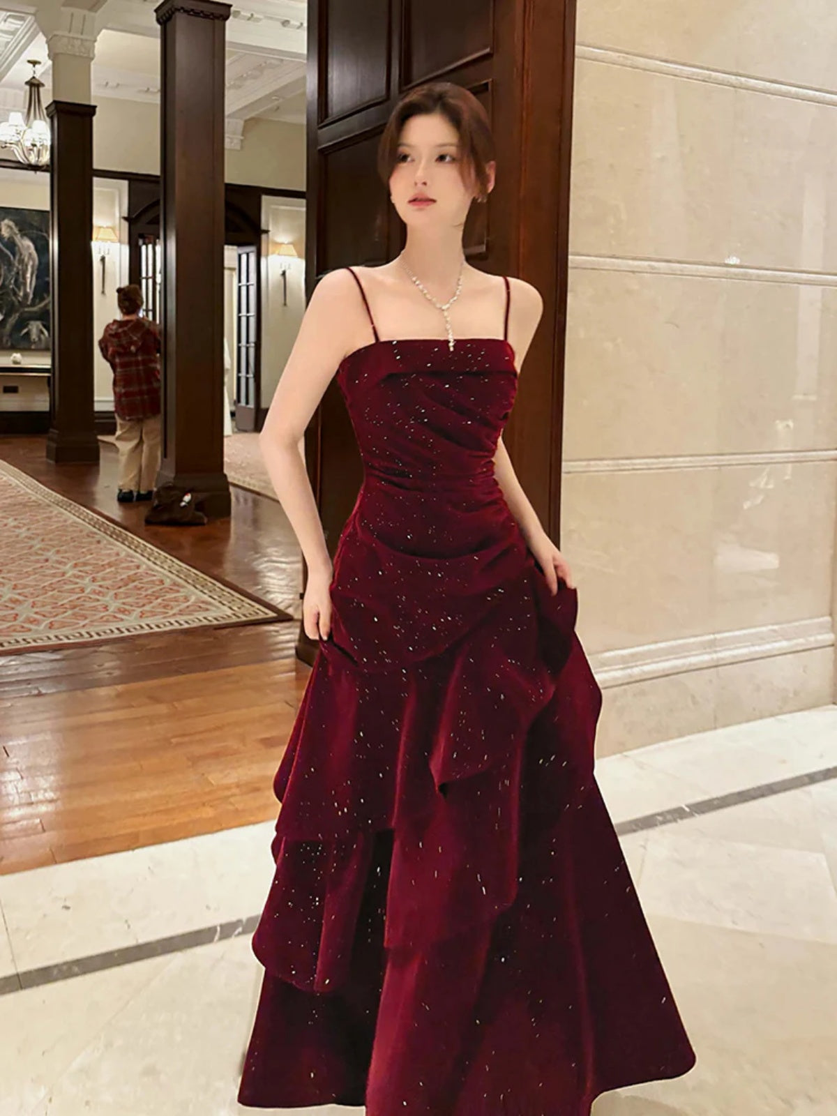 Burgundy Velvet Layered Long Prom Dresses, Wine Red Long Layered Formal Dresses Burgundy Velvet Layered Long Prom Dresses, Wine Red Long Layered Formal Dresses