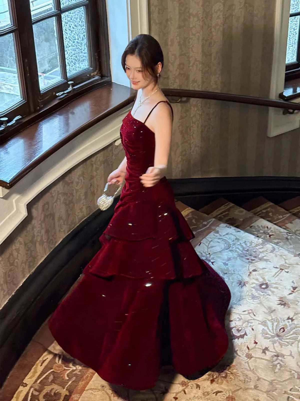 Burgundy Velvet Layered Long Prom Dresses, Wine Red Long Layered Forma - shegown Burgundy Velvet Layered Long Prom Dresses, Wine Red Long Layered Forma - shegown