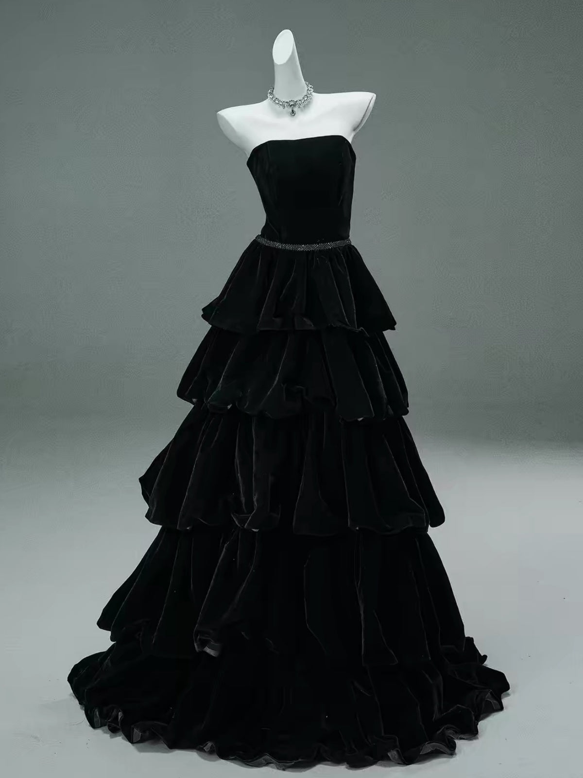 Custom Made Strapless Tiered Black Burgundy Velvet Prom Dress, Floor Length Ruffled Long Formal Evening Dress