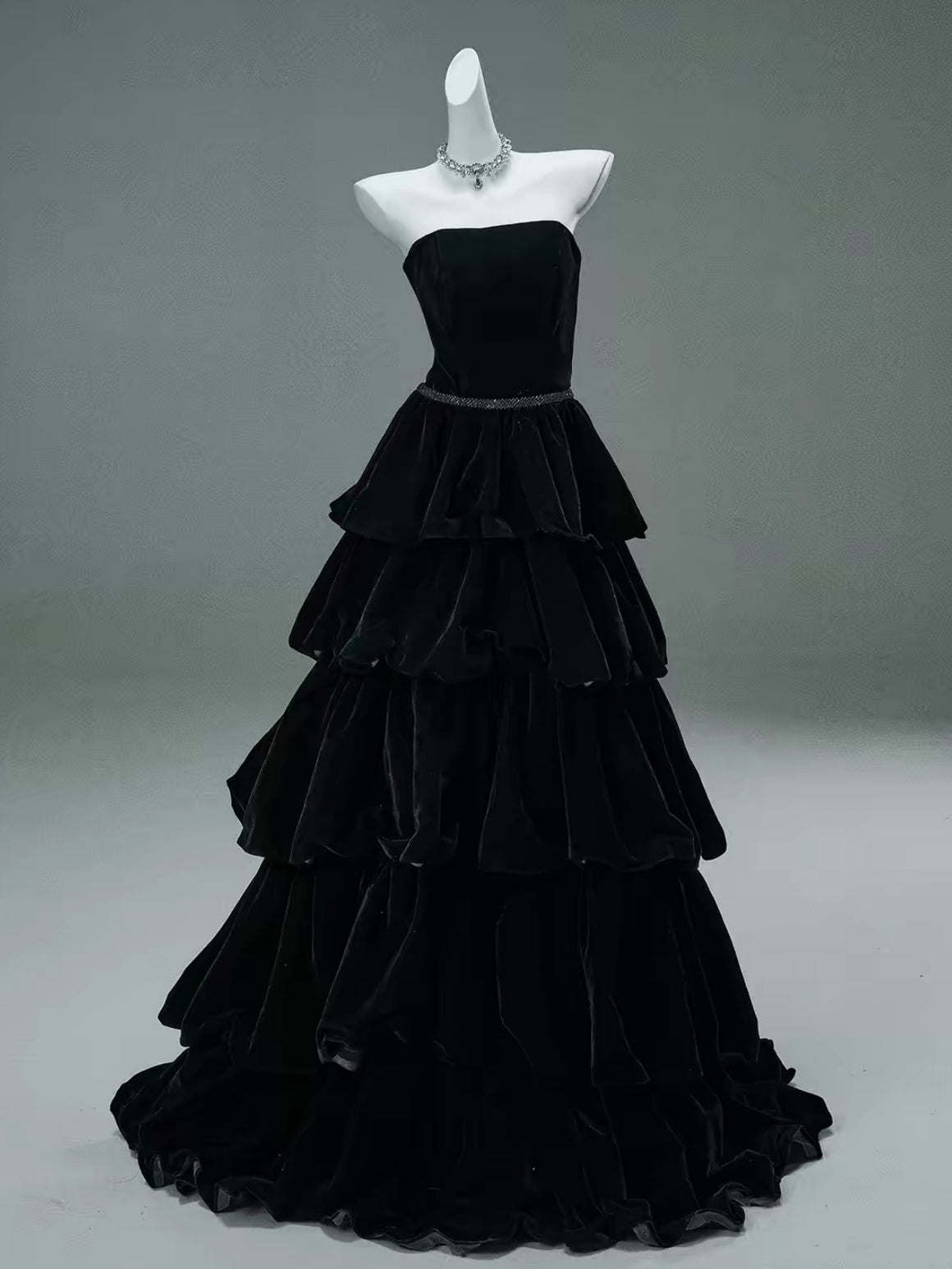 Custom Made Strapless Tiered Black Burgundy Velvet Prom Dress, Floor Length Ruffled Long Formal Evening Dress