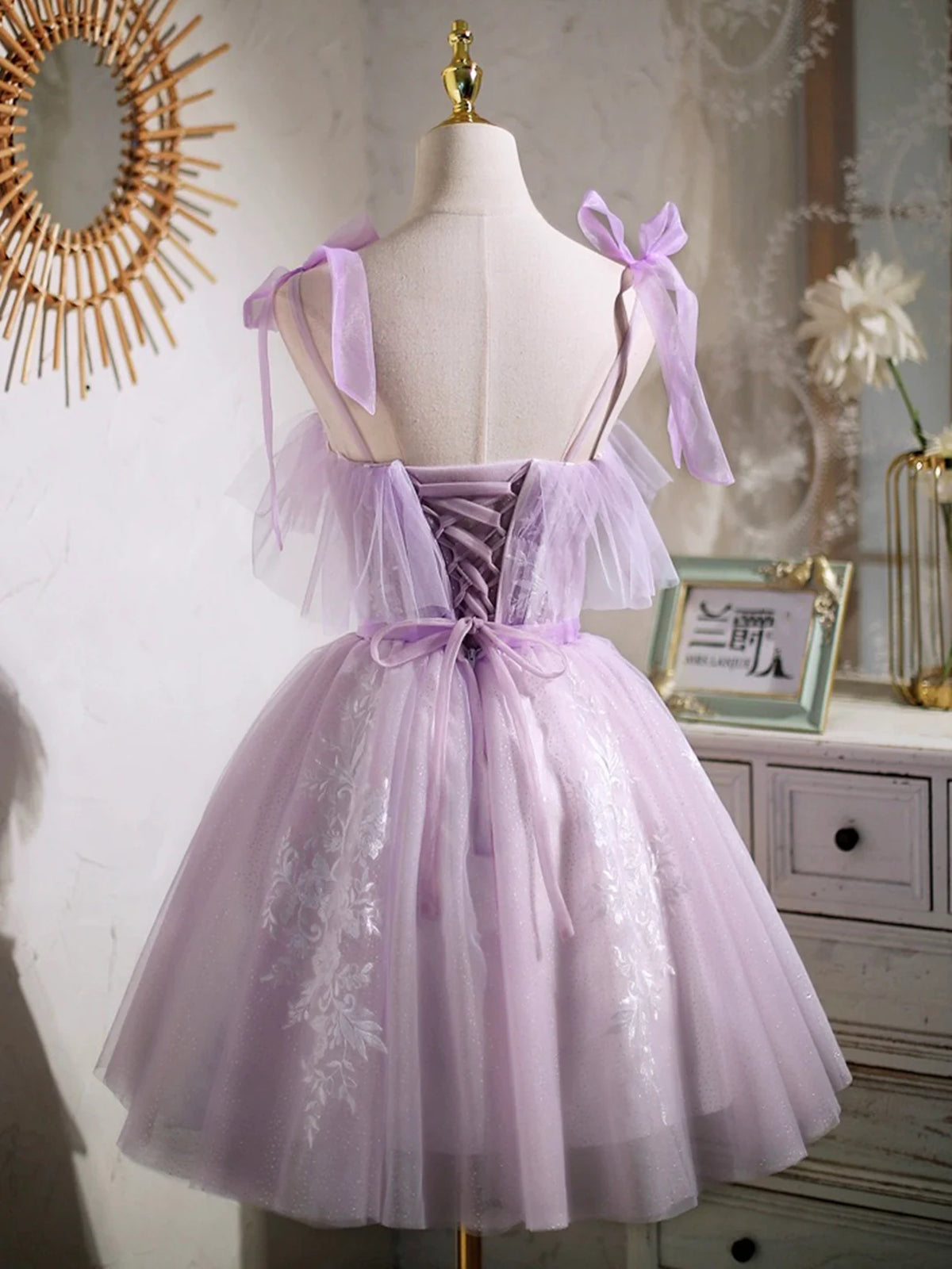 Cute Open Back Short Lilac Lace Prom Dresses, Lilac Lace Homecoming Fo - shegown Cute Open Back Short Lilac Lace Prom Dresses, Lilac Lace Homecoming Fo - shegown