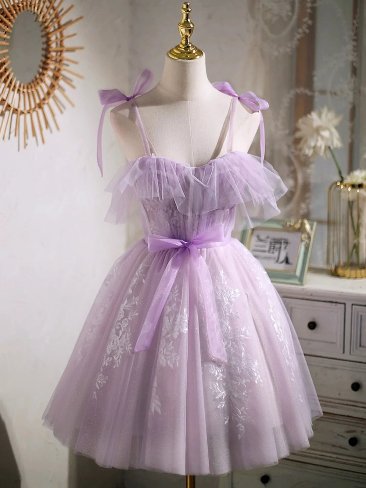 Cute Open Back Short Lilac Lace Prom Dresses, Lilac Lace Homecoming Fo - shegown Cute Open Back Short Lilac Lace Prom Dresses, Lilac Lace Homecoming Fo - shegown