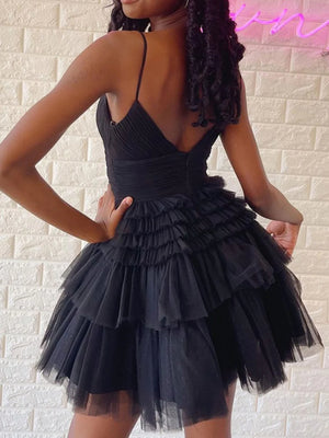Cute Open Back V Neck Black Tulle Short Prom Dresses, V Neck Black Homecoming Dresses, Black Formal Evening Dresses