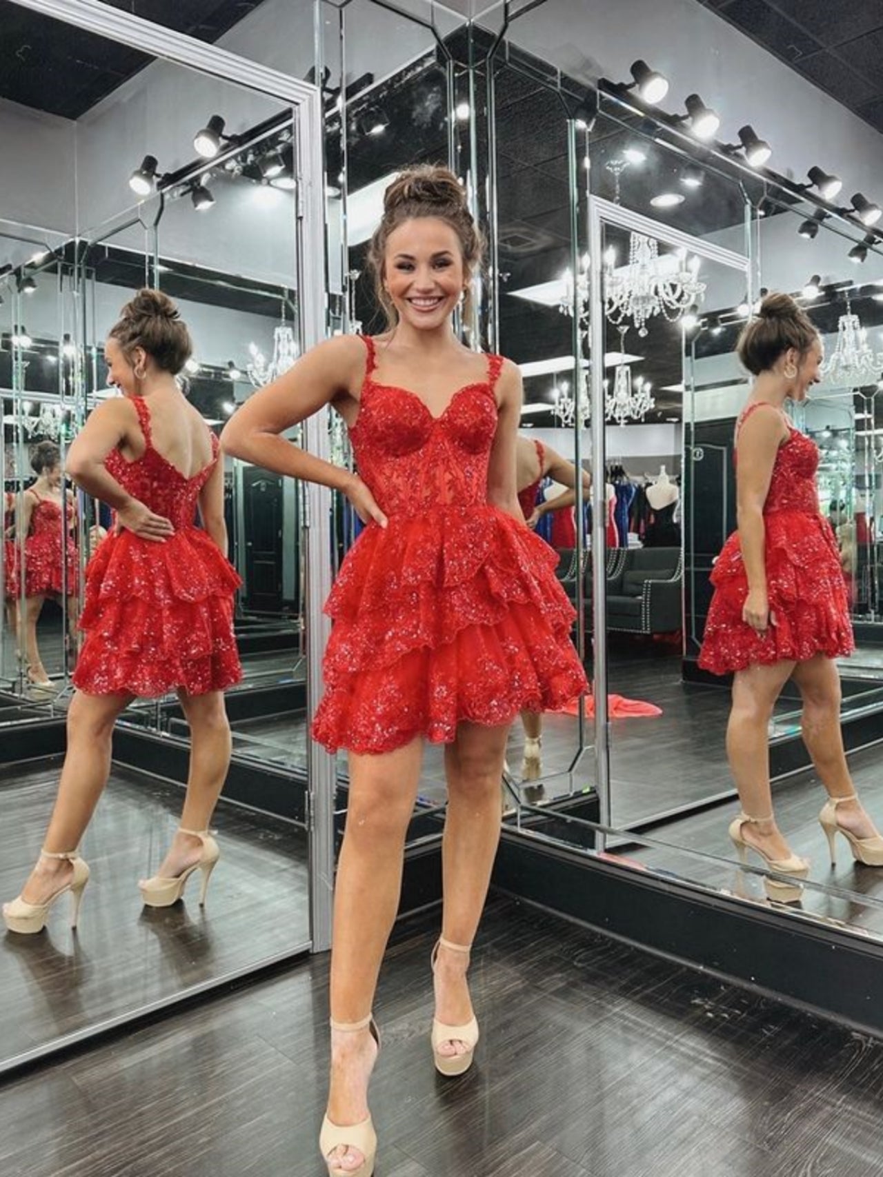 Cute V Neck Layered Red Lace Short Prom Dresses, Short Red Lace Homeco -  shegown