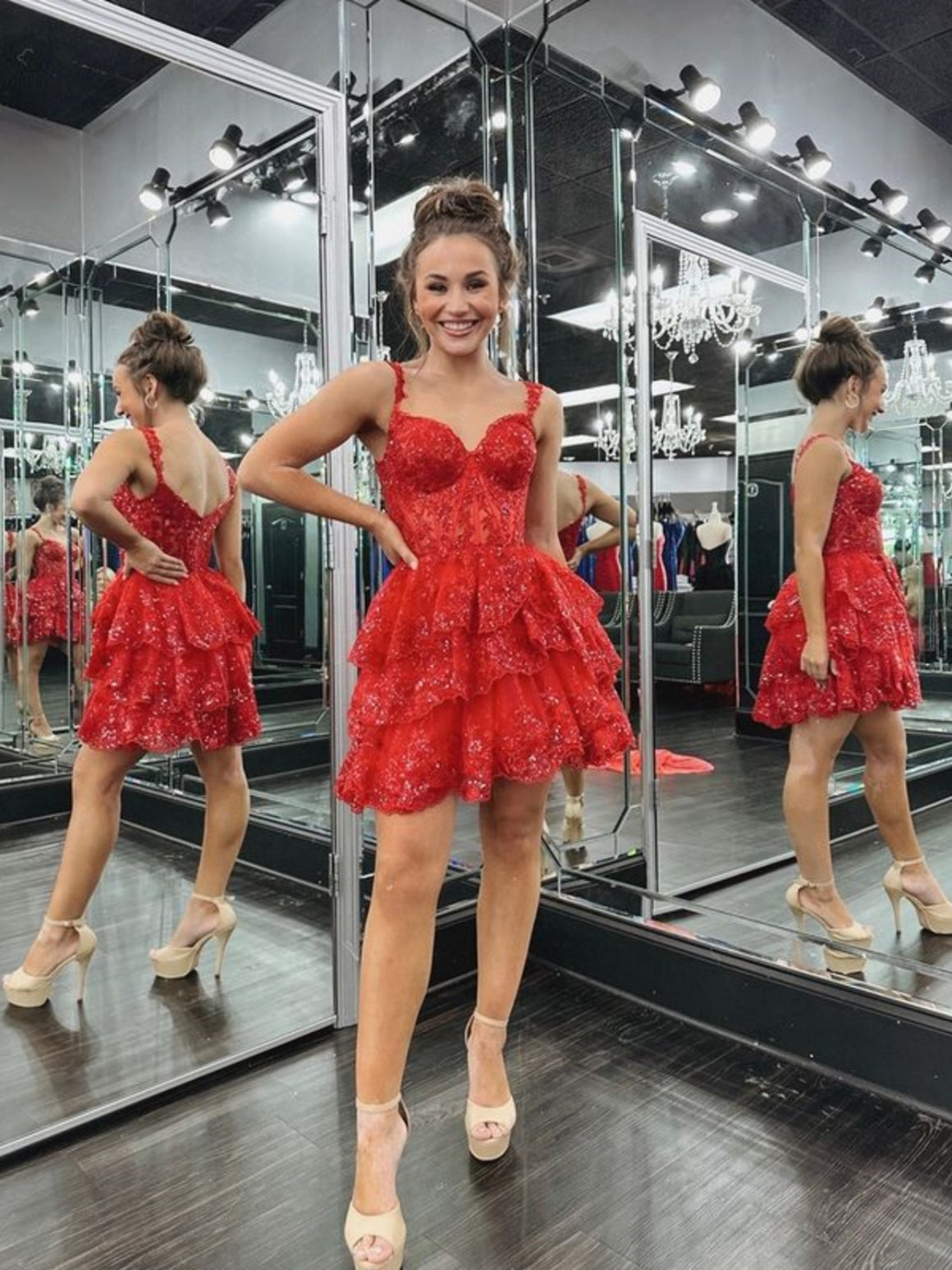 Cute V Neck Layered Red Lace Short Prom Dresses, Red Lace Homecoming Dresses, Short Red Formal Graduation Evening Dresses