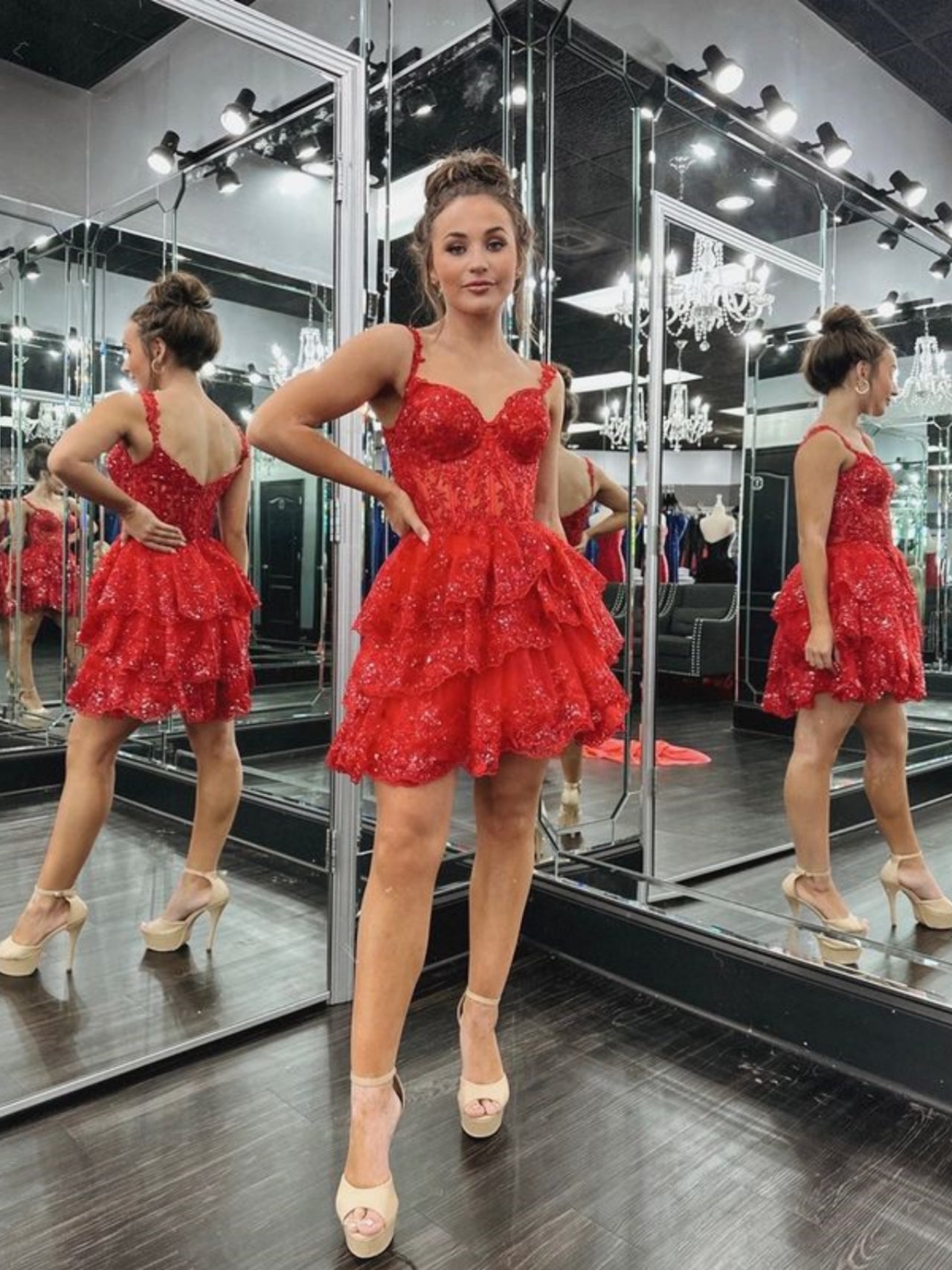 Cute V Neck Layered Red Lace Short Prom Dresses, Short Red Lace Homecoming Dresses, US 10 / Custom Color / With Rush+$19.99 Cute V Neck Layered Red Lace Short Prom Dresses, Short Red Lace Homecoming Dresses, US 10 / Custom Color / With Rush+$19.99