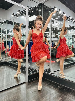 Cute V Neck Layered Red Lace Short Prom Dresses, Red Lace Homecoming Dresses, Short Red Formal Graduation Evening Dresses