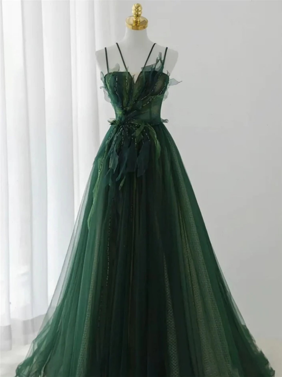 Dark Green Floral Long Prom Dresses, Dark Green Floral Long Prom Dresses
