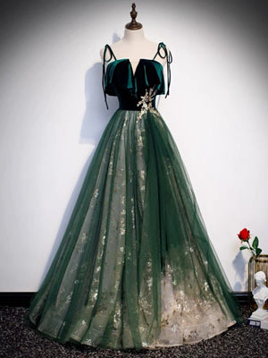 Dark Green Velvet Lace Long Prom Dresses, Dark Green Long Lace Formal Graduation Dresses