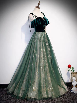 Dark Green Velvet Lace Long Prom Dresses, Dark Green Long Lace Formal Graduation Dresses