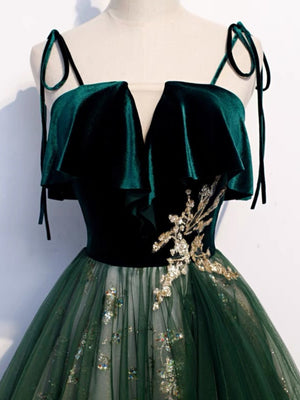 Dark Green Velvet Lace Long Prom Dresses, Dark Green Long Lace Formal Graduation Dresses