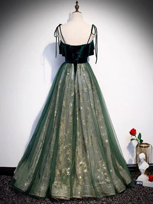 Dark Green Velvet Lace Long Prom Dresses, Dark Green Long Lace Formal Graduation Dresses