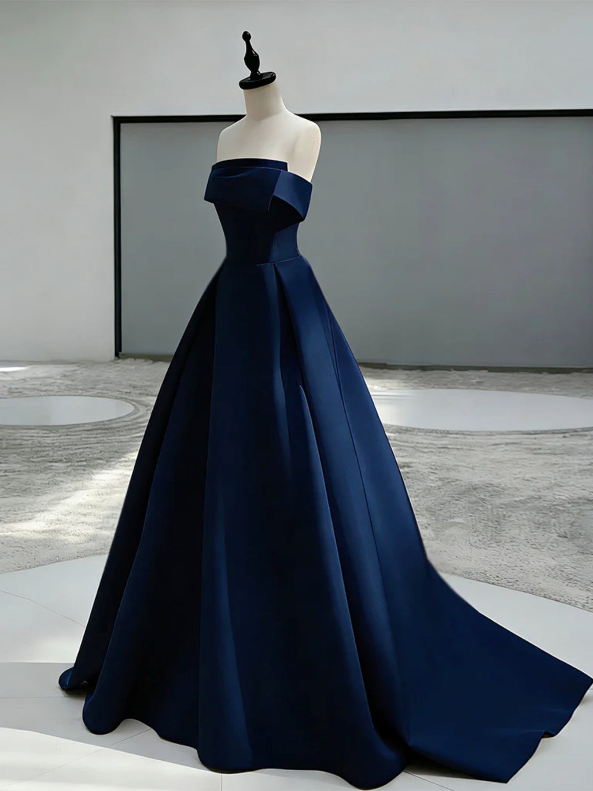 Dark Navy Blue Satin Long Prom Dresses, Strapless Dark Blue Long Formal Evening Dresses