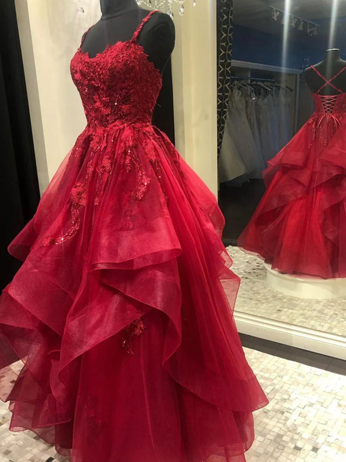 Dark Red Cross Back Lace Prom Dresses, Backless Burgundy Lace Formal Dresses, US 6 / Custom Color / With Rush+$19.99