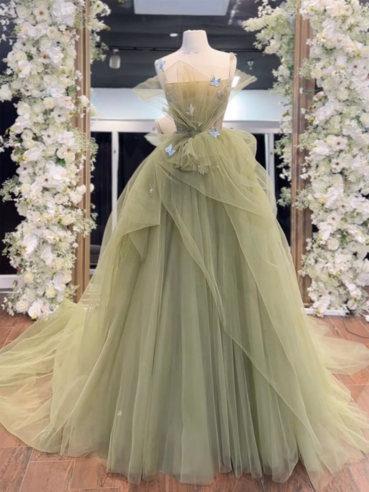 Elegant Green Tulle Long Prom Dresses With Butterfly, Green Tulle Long Formal Graduationn Dresses