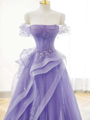 Elegant Off Shoulder Purple Lace Long Prom Dresses, Off the Shoulder Purple Formal Dresses, Purple Evening Dresses